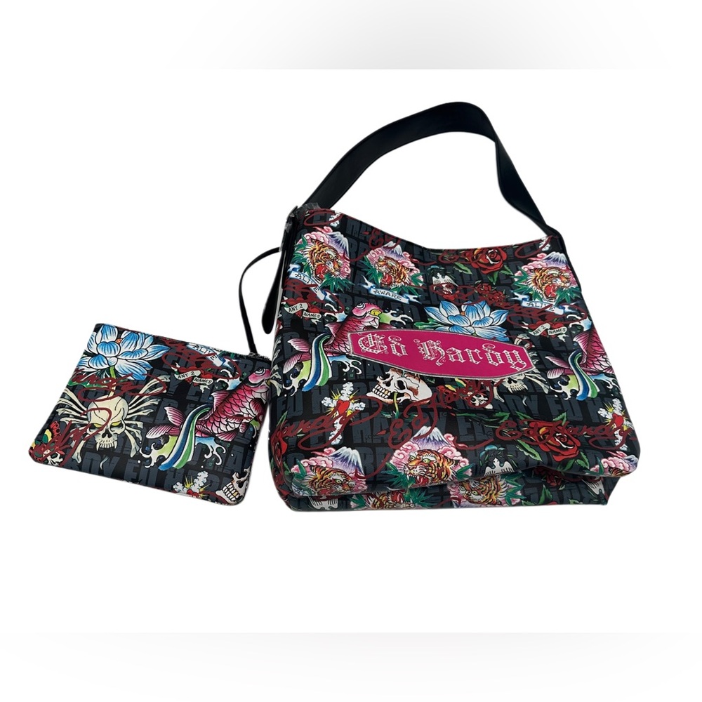 New Ed Hardy Large Tote Shoulder Bag Tiger Roses Skulls Black‎ Pouch rhinestone